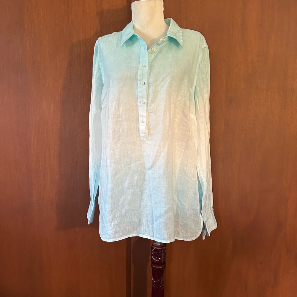 Talbots Aqua and White Linen Blouse